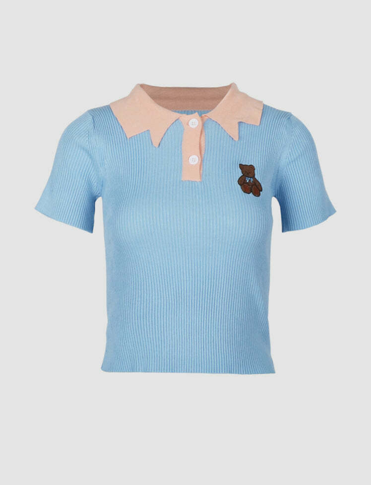 Coquette Aesthetic Bear Embroidery Knitted Polo Top - Y2K Fashion Cute Crop Style