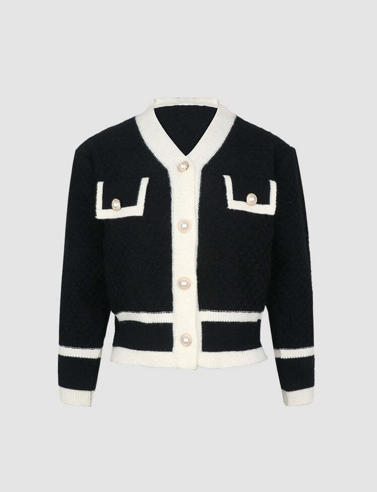 Coquette Aesthetic Black Vintage Pocket Knitted Cardigan Sweater for Y2K Style