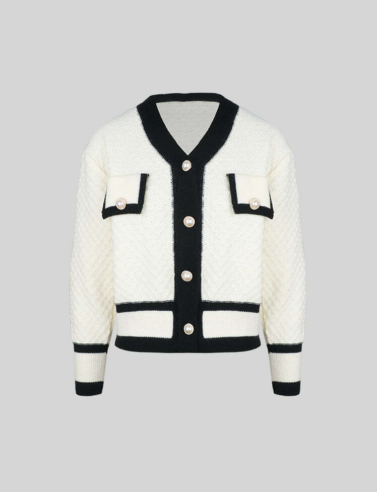Coquette Aesthetic Black Vintage Pocket Knitted Cardigan Sweater for Y2K Style