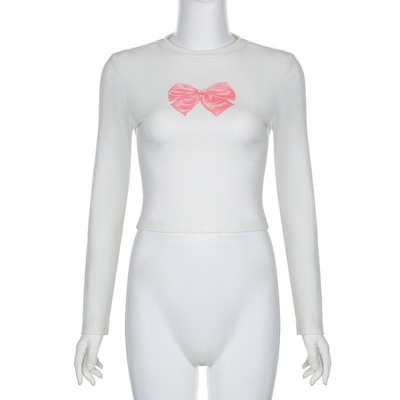 Coquette Aesthetic Bowknot Contrast Long Sleeve Crewneck Top - Y2K Fashion Essential