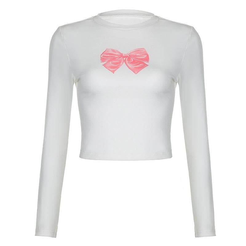 Coquette Aesthetic Bowknot Contrast Long Sleeve Crewneck Top - Y2K Fashion Essential