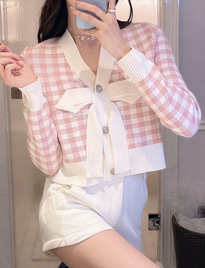 Coquette Aesthetic Bowknot Plaid Knit Cardigan - Y2K Fashion for Cute Outfits