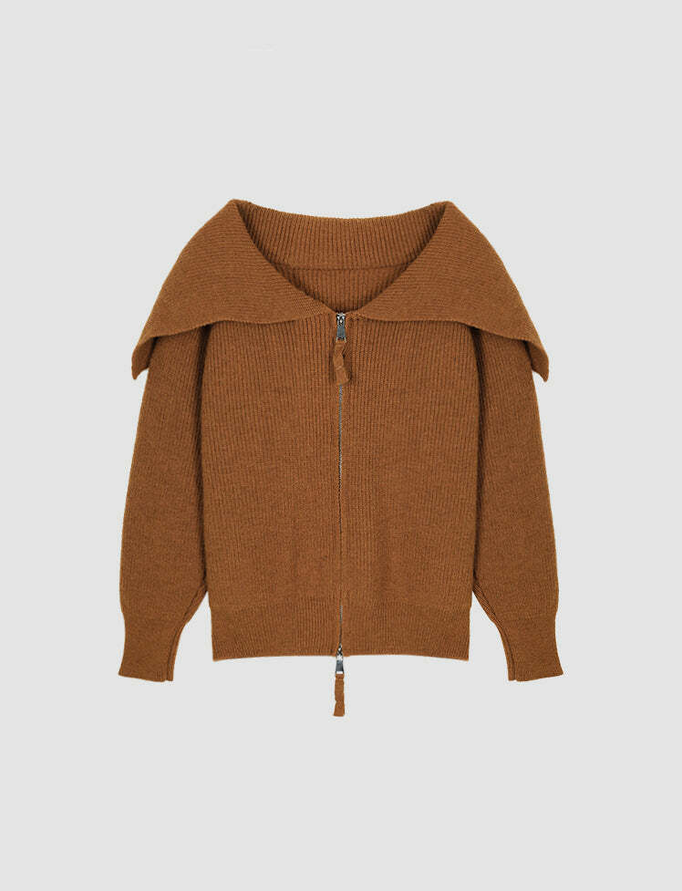 Coquette Aesthetic Brown Knitted Zipper Crop Sweater - Y2K Fashion Essential