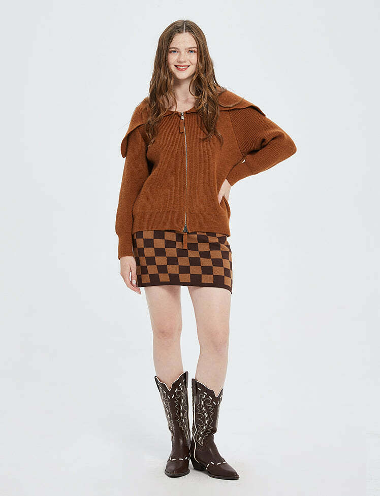 Coquette Aesthetic Brown Knitted Zipper Crop Sweater - Y2K Fashion Essential