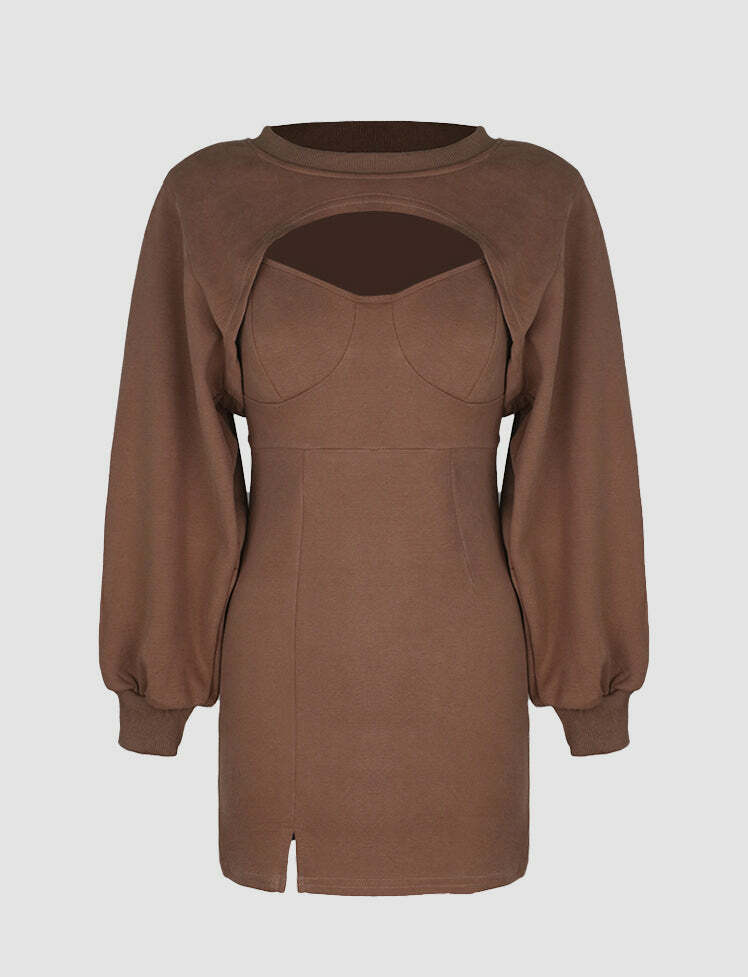 Coquette Aesthetic Brown Long Sleeve Crop Sweater & Slip Dress Set for Y2K Style