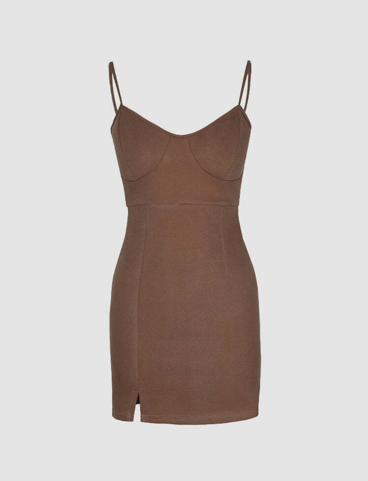 Coquette Aesthetic Brown Long Sleeve Crop Sweater & Slip Dress Set for Y2K Style