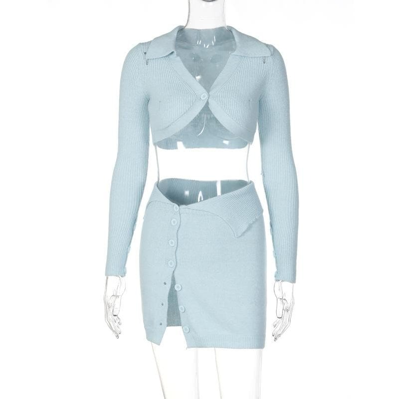 Coquette Aesthetic Button Knitted Long Sleeve Mini Skirt Set - Y2K Fashion Essential