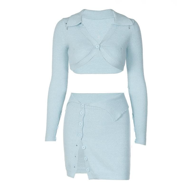 Coquette Aesthetic Button Knitted Long Sleeve Mini Skirt Set - Y2K Fashion Essential