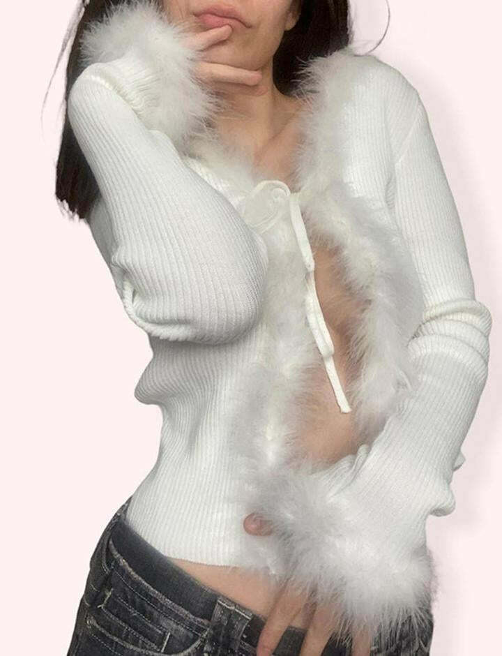Coquette Aesthetic Fluffy Patchwork Lace-Up Cardigan - Y2K Grunge Knit Jacket