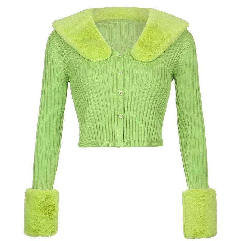 Coquette Aesthetic Fluffy Turnover Collar Knitted Cardigan - Y2K Style Long Sleeve Top
