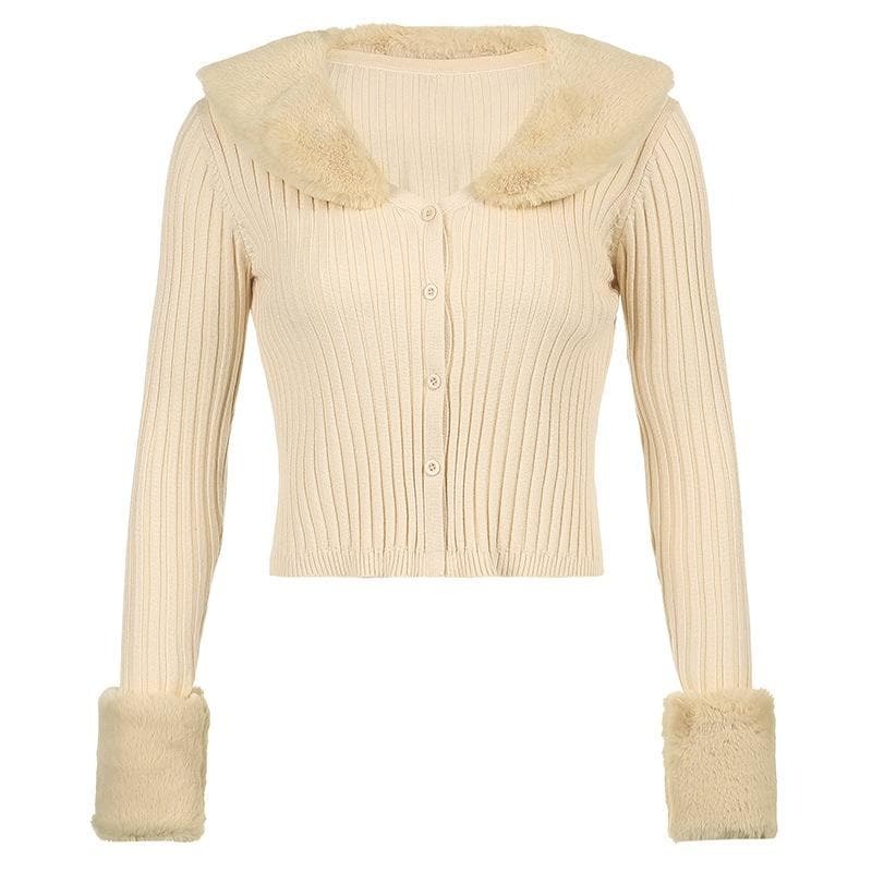 Coquette Aesthetic Fluffy Turnover Collar Knitted Cardigan - Y2K Style Long Sleeve Top
