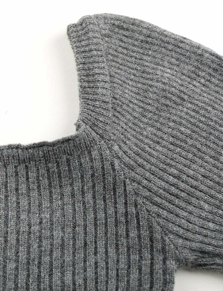 Coquette Aesthetic Gray Lantern Sleeve Knitted Dress - Y2K Fashion & Grunge Style