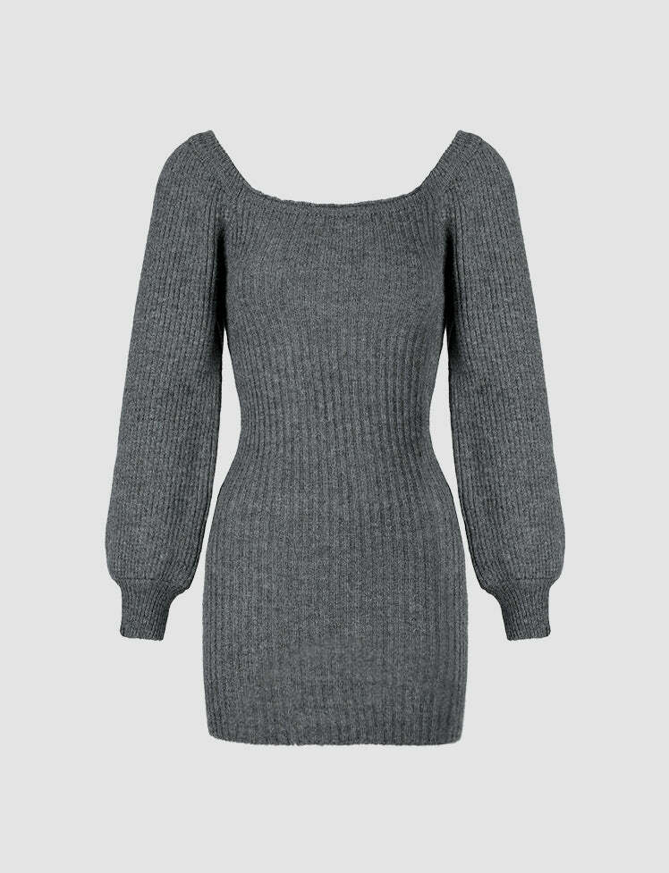 Coquette Aesthetic Gray Lantern Sleeve Knitted Dress - Y2K Fashion & Grunge Style
