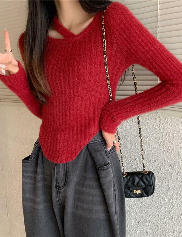 Coquette Aesthetic Irregular High Waist Plush Cropped Sweater - Y2K Grunge Style Top
