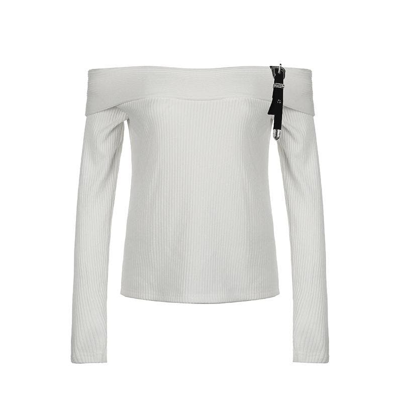 Coquette Aesthetic Knitted Off-Shoulder Buckle Long Sleeve Top - Y2K Fashion Essential