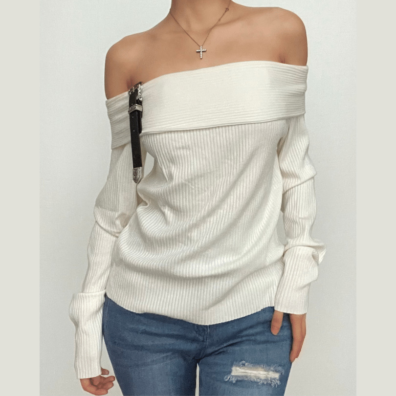Coquette Aesthetic Knitted Off-Shoulder Buckle Long Sleeve Top - Y2K Fashion Essential