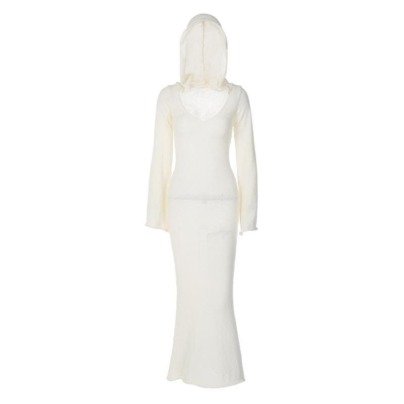 Coquette Aesthetic Knitted U-Neck Long Sleeve Maxi Dress - Y2K Fashion Comfy Hoodie Style