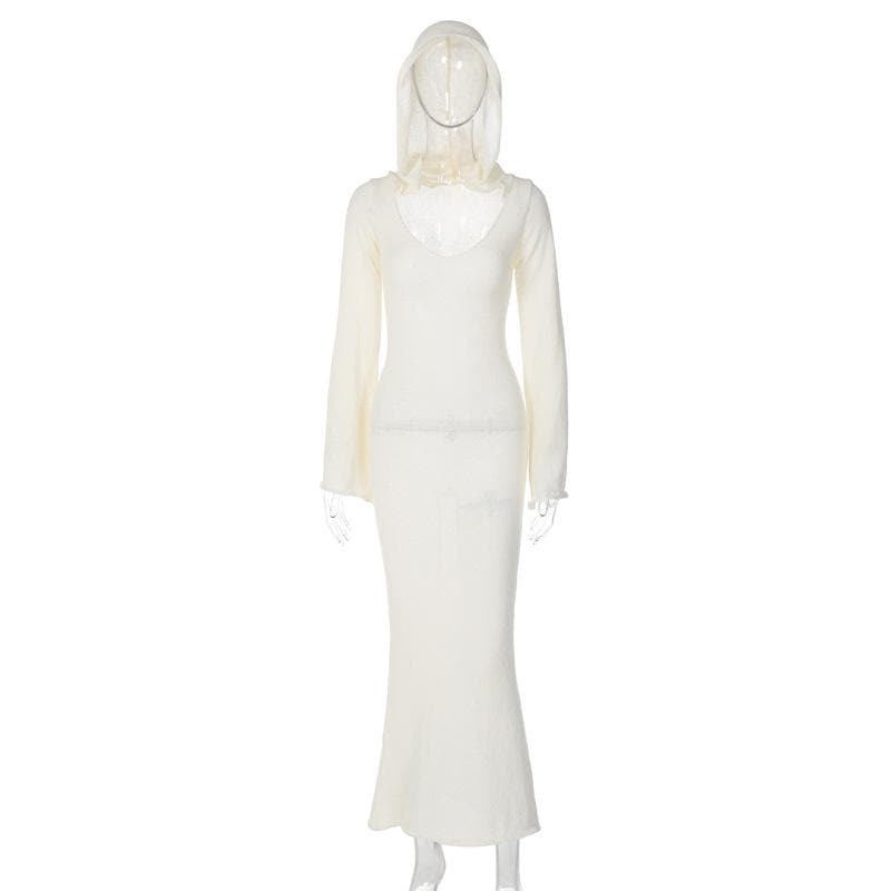 Coquette Aesthetic Knitted U-Neck Long Sleeve Maxi Dress - Y2K Fashion Comfy Hoodie Style