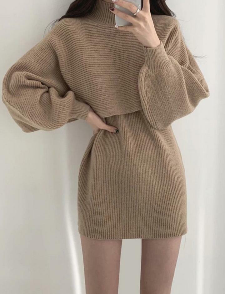 Coquette Aesthetic Lantern Sleeve Pullover & Knit Two-Piece Dress for Y2K Fashion Lovers