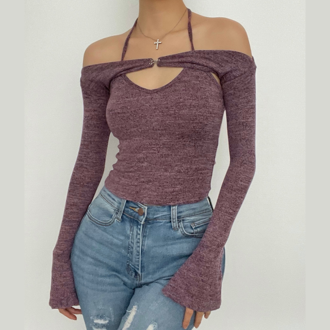 Coquette Aesthetic Long Sleeve Off-Shoulder Knitted Two-Piece Top for Y2K Fashion Lovers