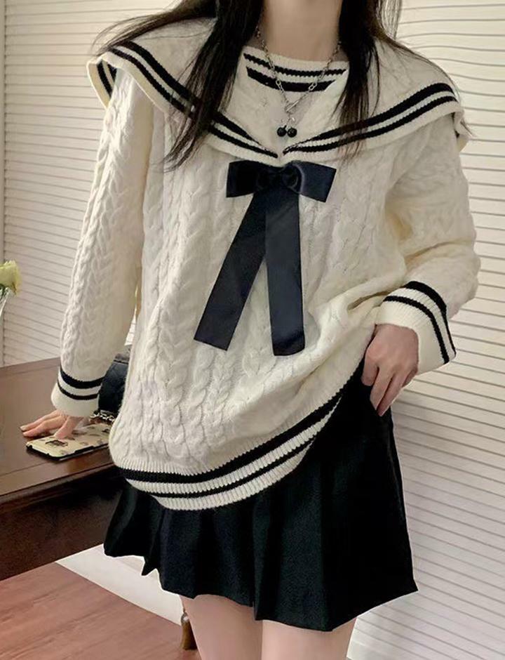Coquette Aesthetic Loose Navy Bow Sweater - Y2K Fashion Comfy Top for Fall Style