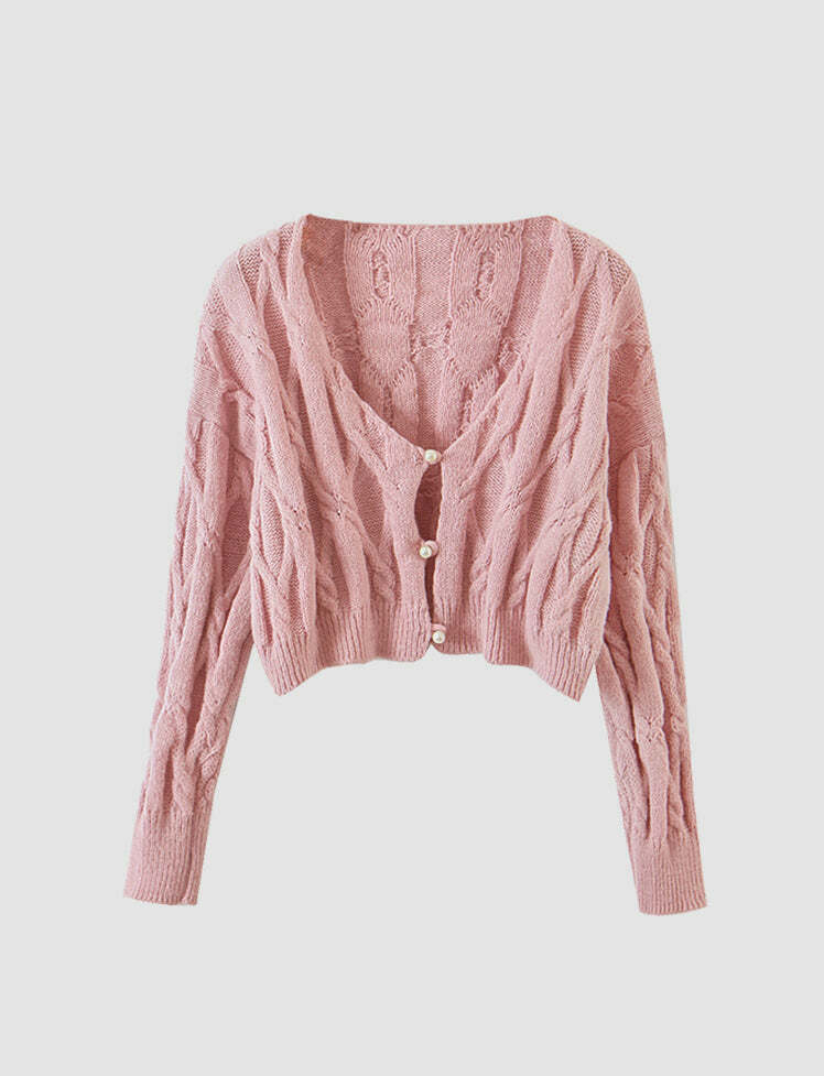 Coquette Aesthetic Pink Knitted Twist Cardigan Sweater - Y2K Fashion Essential for Cute Outfits