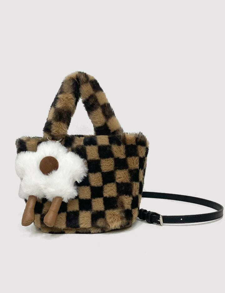 Coquette Aesthetic Plush Plaid Print Bag - Y2K Fashion Meets Grunge Style Chic