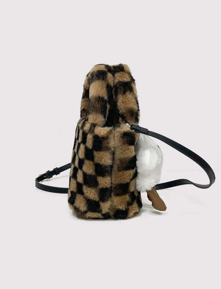 Coquette Aesthetic Plush Plaid Print Bag - Y2K Fashion Meets Grunge Style Chic