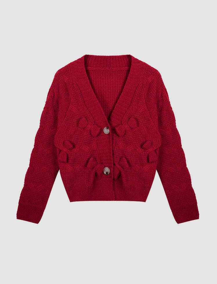 Coquette Aesthetic Red Bow Knitted Cardigan - Y2K Fashion Cute Sweater for Fall