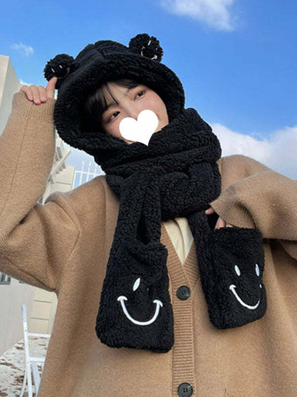 Coquette Aesthetic Smile Bear Hat & Scarf Set | Y2K Fashion Cute Accessories