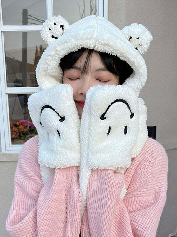 Coquette Aesthetic Smile Bear Hat & Scarf Set | Y2K Fashion Cute Accessories