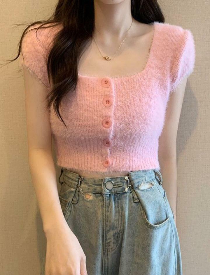 Coquette Y2K Fluffy Square Neck Crop Top - Cute Pastel Goth Aesthetic Fashion