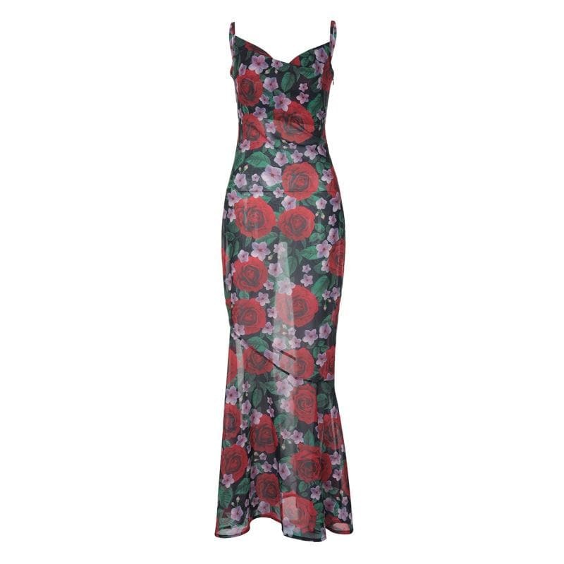 Cowl Neck Flower Print Zip-Up Backless Cami Maxi Dress - Y2K Aesthetic & Coquette Style