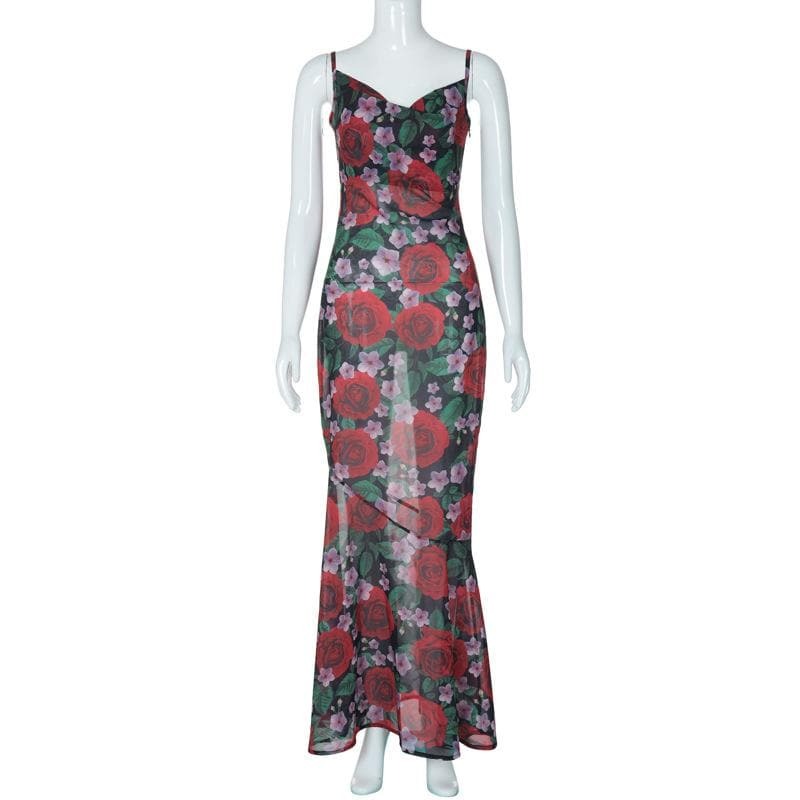 Cowl Neck Flower Print Zip-Up Backless Cami Maxi Dress - Y2K Aesthetic & Coquette Style