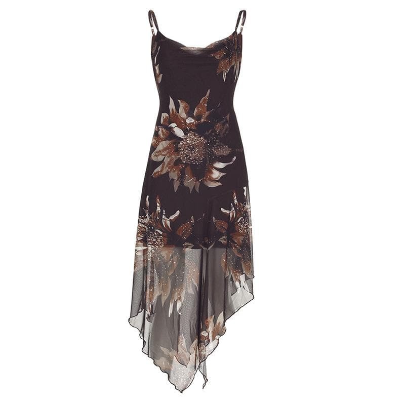 Cowl Neck Irregular Mesh Midi Dress in Floral Print - Y2K Coquette Aesthetic Fashion