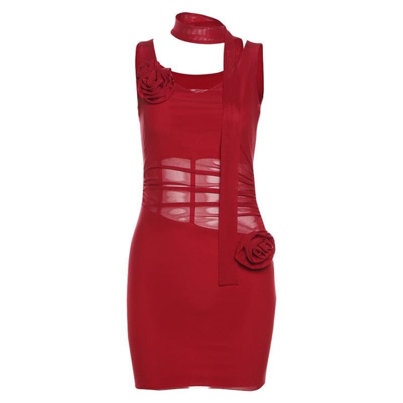 Cowl Neck Sheer Mesh Flower Applique Mini Dress - Y2K Aesthetic Cute Top for Grunge & Coquette Styles