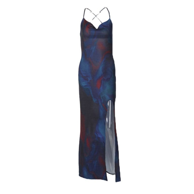 Cowl Neck Slit Cross Back Cami Maxi Dress - Y2K Aesthetic, Coquette Style, Cute & Comfy Fashion