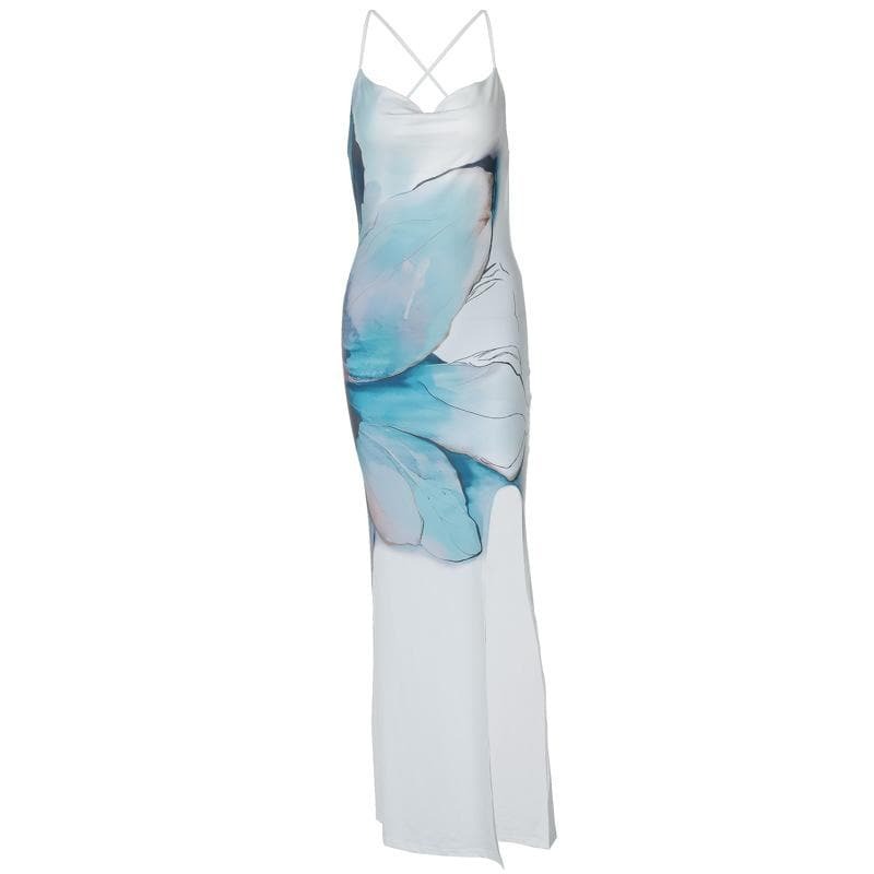 Cowl Neck Slit Cross Back Cami Maxi Dress - Y2K Aesthetic, Coquette Style, Cute & Comfy Fashion