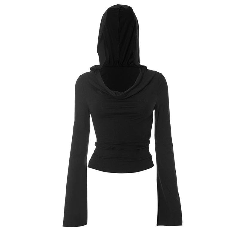 Cowl Neck Y2K Hoodie with Long Flared Sleeves - Comfy Solid 2-Way Top for Aesthetic Outfits