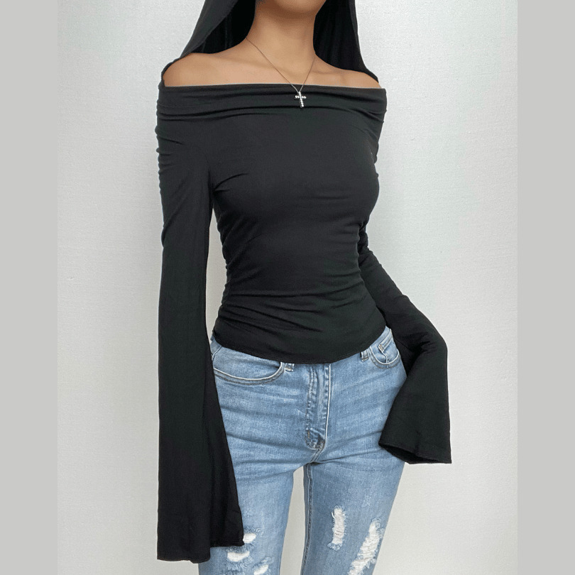 Cowl Neck Y2K Hoodie with Long Flared Sleeves - Comfy Solid 2-Way Top for Aesthetic Outfits