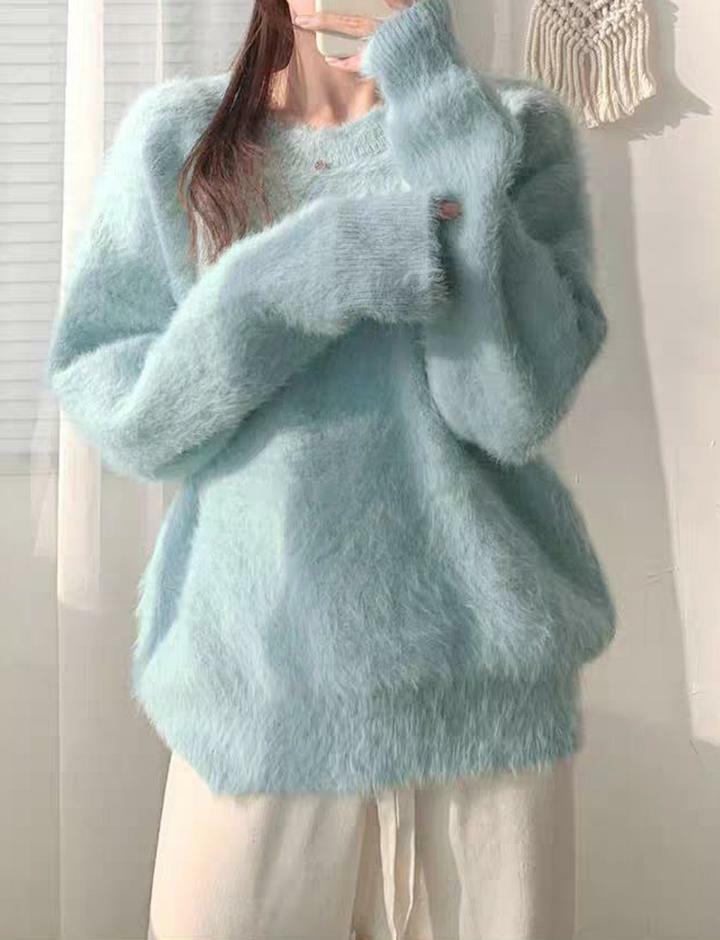 Cozy Fuzzy Pullover Sweater - Y2K Aesthetic Long Sleeve Top for Grunge & Coquette Styles