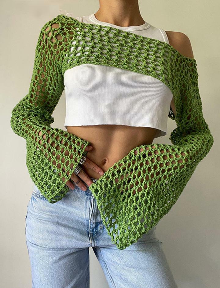 Cozy Hollow Knit Sweater - Solid Color Round Neck Long Sleeve Top for Y2K & Grunge Aesthetic