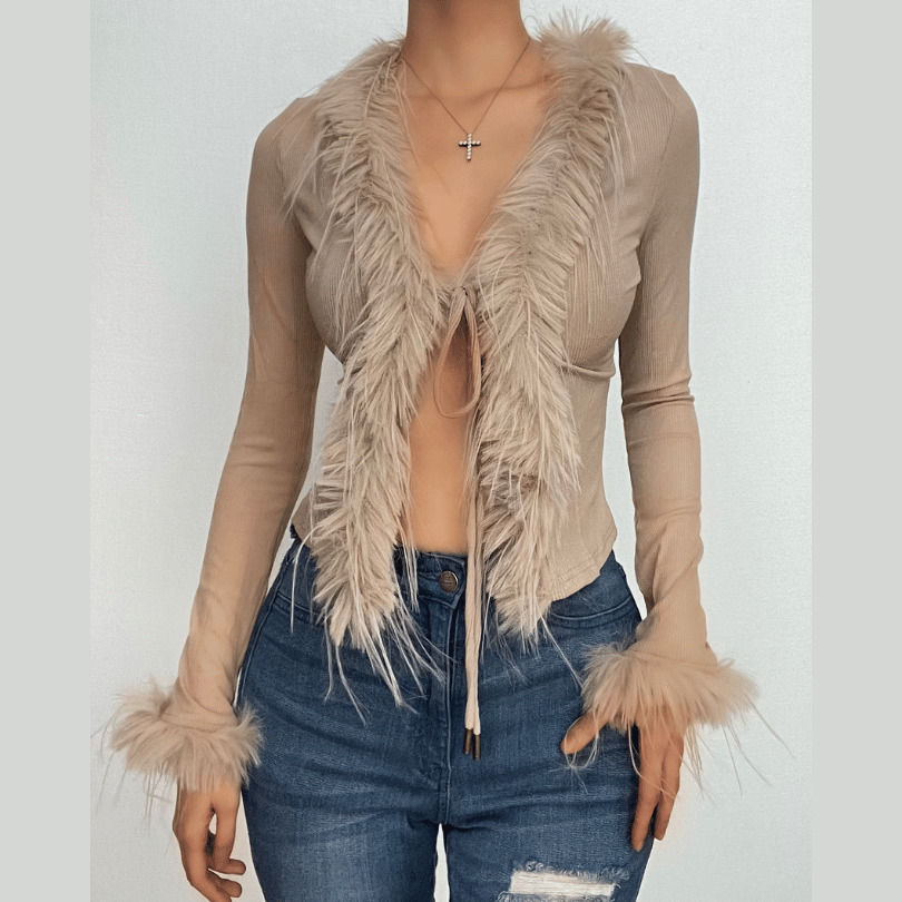 Cozy Long Sleeve V-Neck Furry Ribbed Top - Y2K Aesthetic Cute Layering Essential
