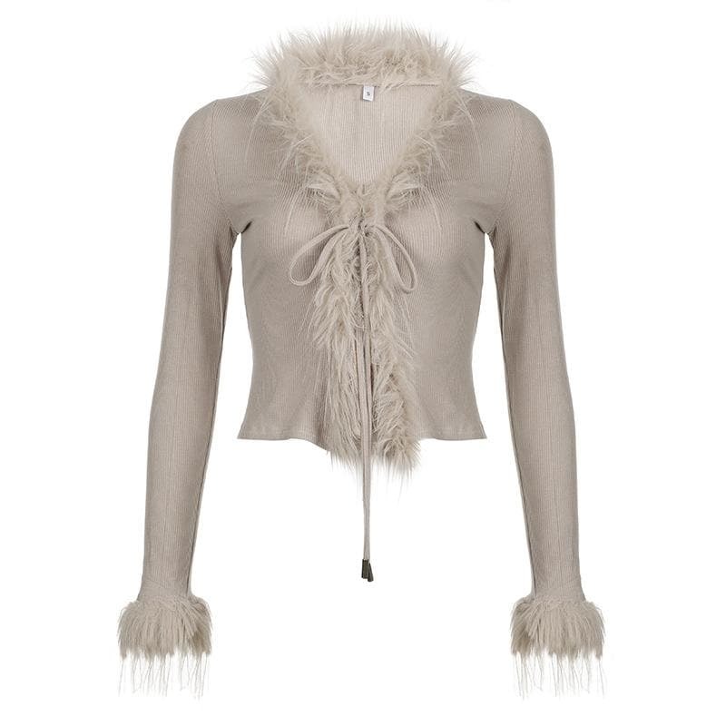 Cozy Long Sleeve V-Neck Furry Ribbed Top - Y2K Aesthetic Cute Layering Essential