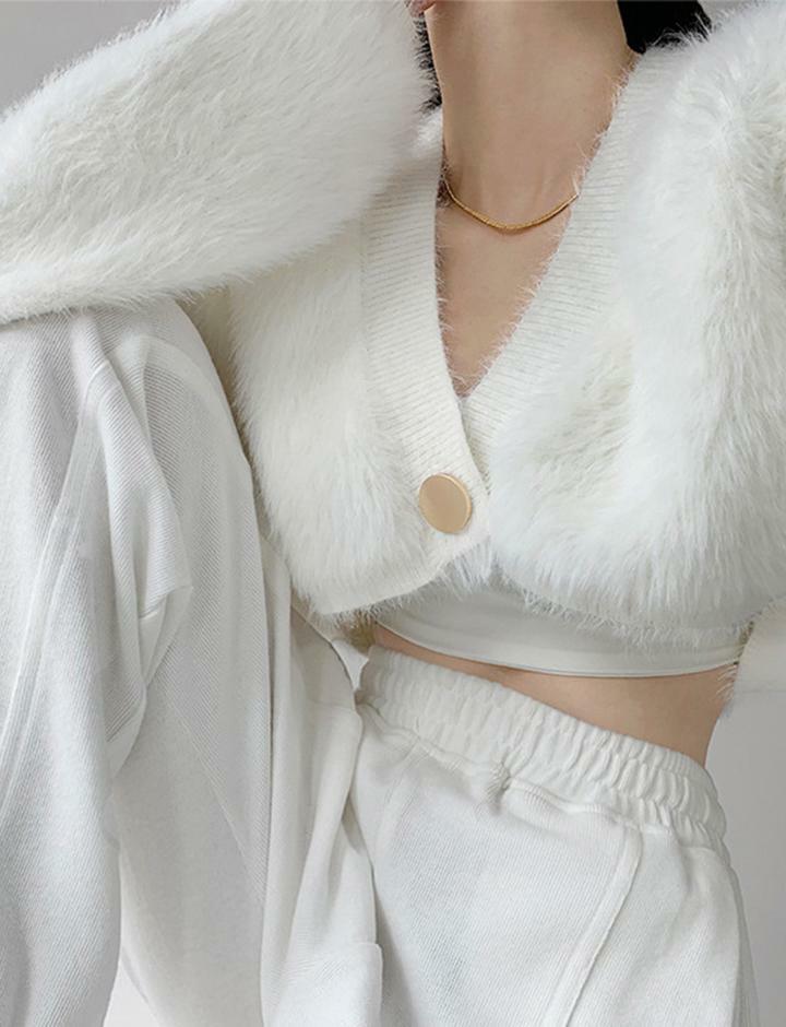 Cozy Solid Color Plush Crop Cardigan for Y2K, Grunge, and Coquette Aesthetic Styles