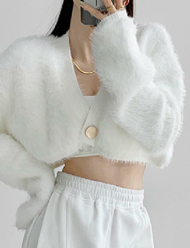 Cozy Solid Color Plush Crop Cardigan for Y2K, Grunge, and Coquette Aesthetic Styles