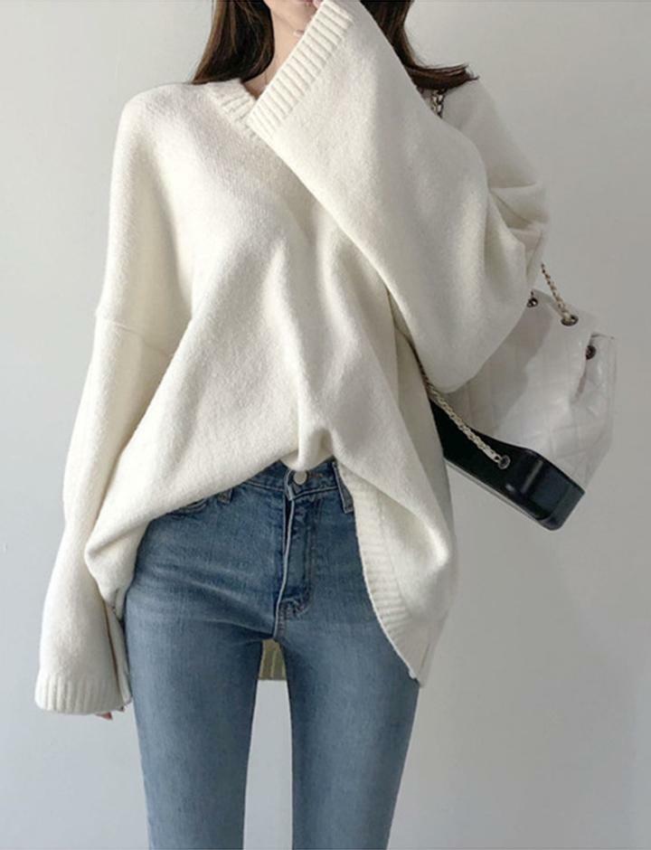 Cozy Solid Color V Neck Pullover Sweater - Y2K Aesthetic, Cute Tops for Fall Fashion