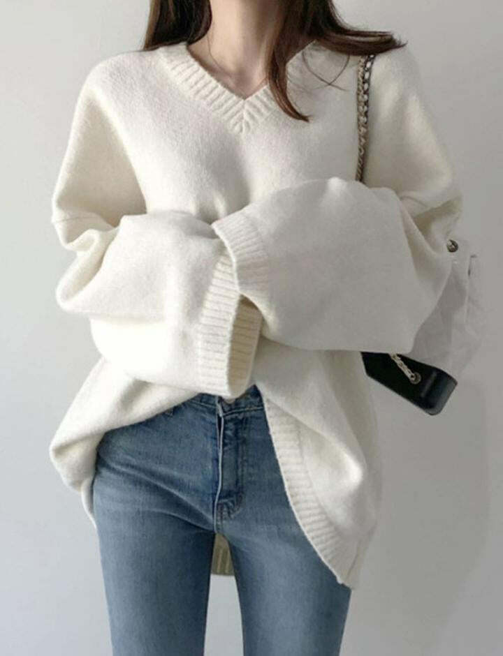 Cozy Solid Color V Neck Pullover Sweater - Y2K Aesthetic, Cute Tops for Fall Fashion