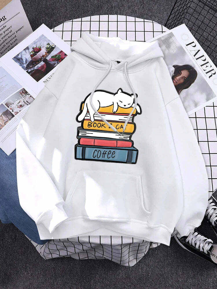 Cozy White Cat Sleeping Hoodie - Y2K Aesthetic, Cute Top for Grunge & Coquette Styles