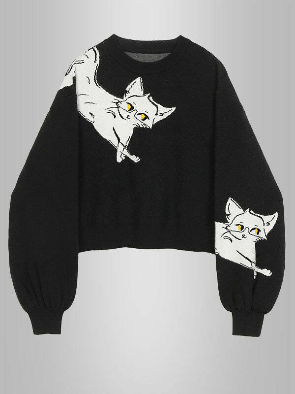 Cozy Y2K Cats Sweater - Cute Grunge Aesthetic Top for Fall & Winter Vibes